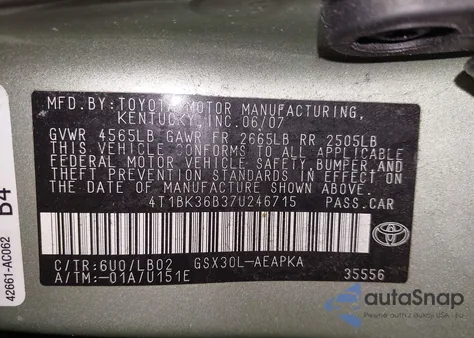 2007 Toyota Avalon Limited from USA, damaged, VIN 4T1BK36B37U246715